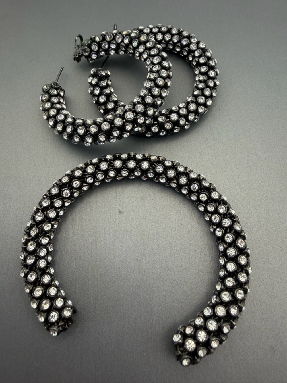 Pave Crystal-Embellished Black Hoop Earrings and Bracelet Set